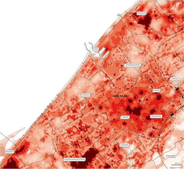Haagse hitte-kaart zoals gepubliceerd in NRV.Next van 5-6-2015, op basis van satellietbeelden uit 2013.